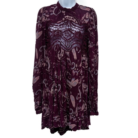 Free People Sweet Thing Paisley Print Tunic Top Swing Dress Lace Small - Picture 3 of 9